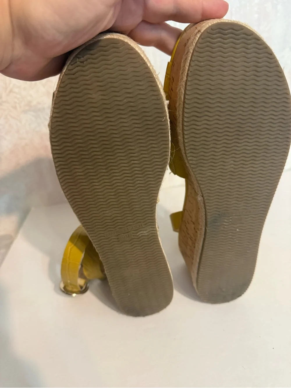 Marc Fisher Mustard Yellow Faux Croc Embossed Leather Cork Platform Wedge Sandal